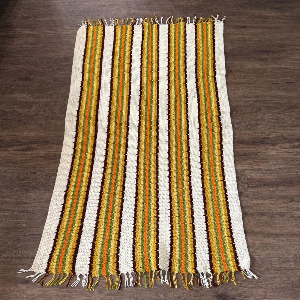 Handmade Crochet Afghan Throw Blanket MCM Boho Retro Striped Fringe Earthy 40x68 - Picture 4 of 7